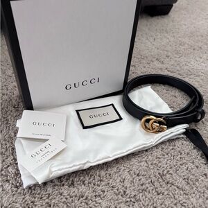Authentic Gucci Black Leather Belt with Gold Double G Buckle